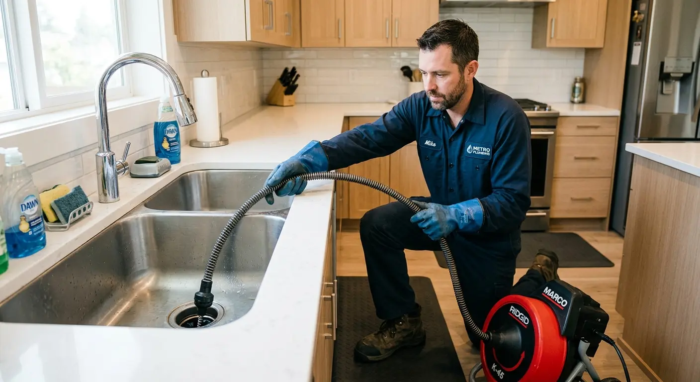 Drain cleaning technician using a motorized snake on a kitchen sink in St. Peter