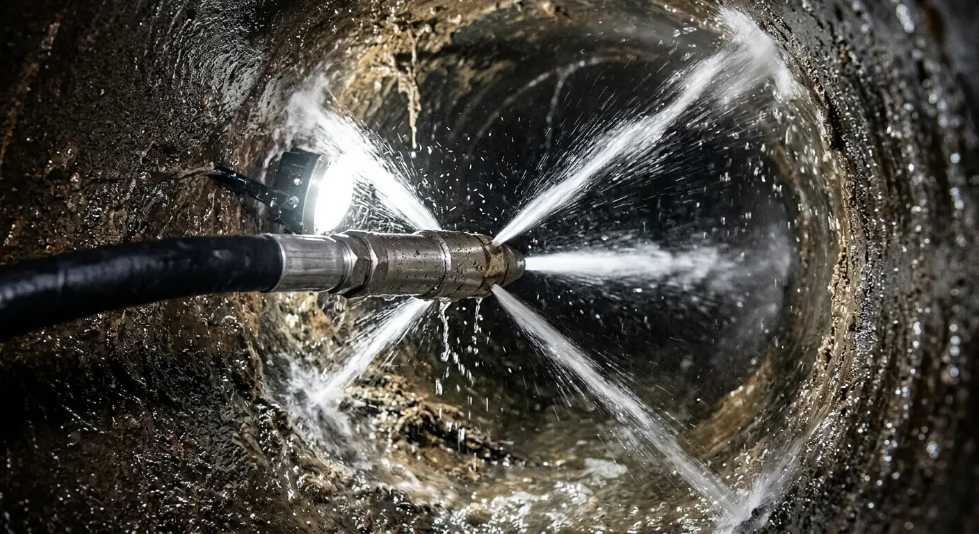 High-pressure hydro jetting nozzle cleaning sewer pipe for Sewer Cleanout in St. Peter