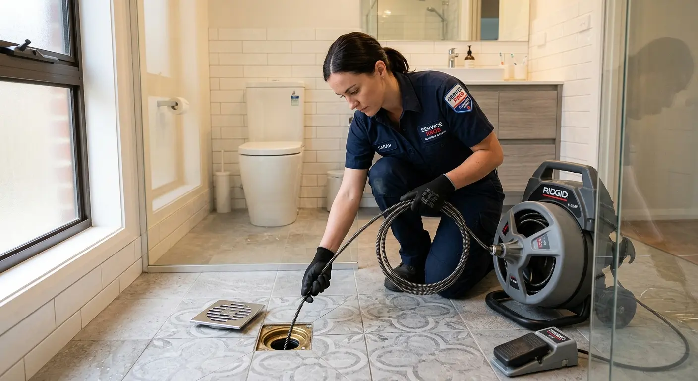 Technician clearing a bathroom floor drain for Sewer Line Installation in St. Peter